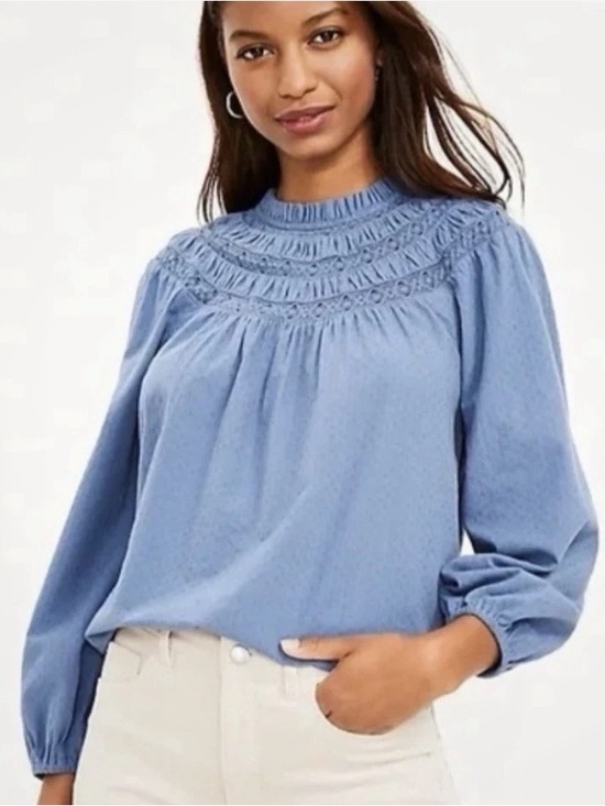 LOFT Tops - Ann Taylor LOFT Blue Smocked Lace Yoke Shirt XXL